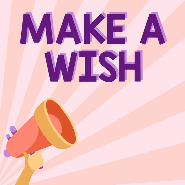 Podpis tekstowy przedstawiający Make A Wish. Słowo Wpisany na Aby mieć marzenia pragnienia o przyszłych wydarzeniach Bądź pozytywną ilustracją trzymania Megafon Dokonywanie wspaniałe ogłoszenie. — Zdjęcie stockowe