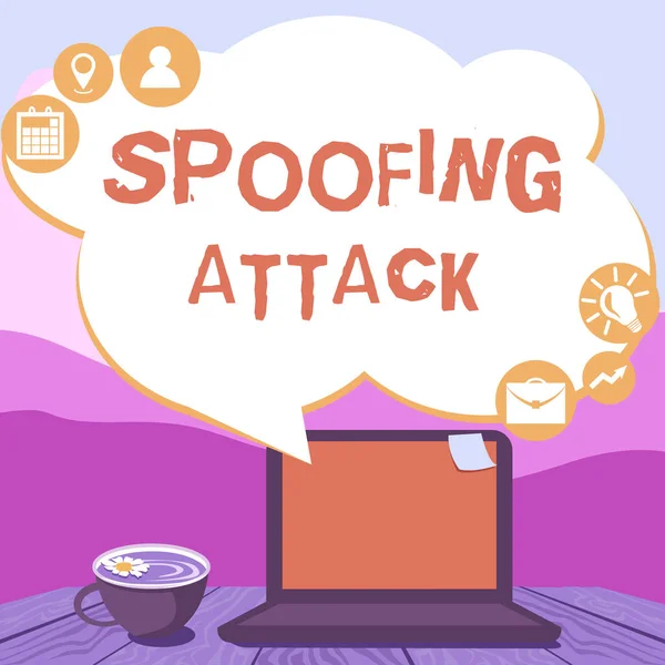 A Spoofing Attack kijelzése. Szó megszemélyesítése felhasználó, eszköz vagy ügyfél az interneten kézzel gépelés laptopon mellett Coffe bögre és növény dolgozik otthonról. — Stock Fotó