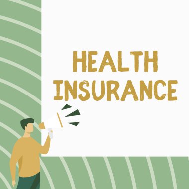 İlham veren sağlık sigortasını gösteren bir metin. Tıbbi ve cerrahi masrafları karşılayan kavramsal fotoğraf kapsamı. İş adamı Megafonla Konuşarak Yeni Duyurular Yapıyor..