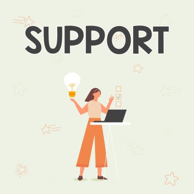 Metin işareti Desteği gösteriyor. Yardım Hizmeti Sözcüğü Profesyonel Tavsiye Bilgisayarı Kullanan Kızın Fikirleri Var ve Kontrol Listesi Yapıyor İllüzyonuna Yardım Et.