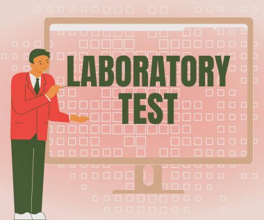 Kavramsal Başlık Laboratuvar Testi. İşletme vitrininde test edilen maddelere ilişkin tıbbi teşhisin saptanması İşadamı Ayakta Durmakta olan Tablolar Bilgisayar Ekranında Harika Fikirler