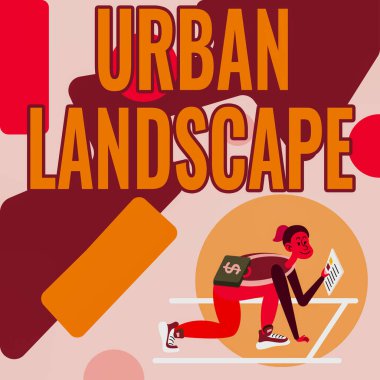 İlham, Urban Peyzaj 'ı gösteriyor. Şehirdeki büyük bir kadının elinde evrak çantası taşıyan gazetelerle yatırım yapmaya hazırlandığı sahneleri gösteren iş görüşü..