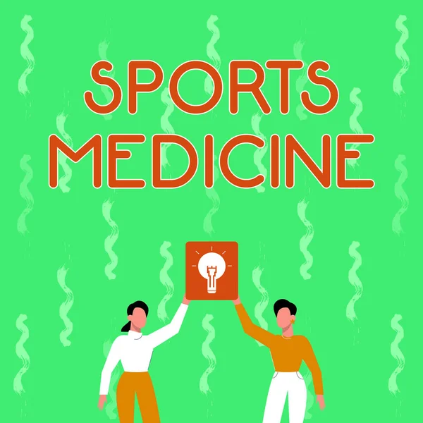 手書き文字｜Sports Medicine。インターネットの概念スポーツに関連する怪我の治療と予防2つの同僚が新しい成果を示すランプを保持することに達しました. — ストック写真