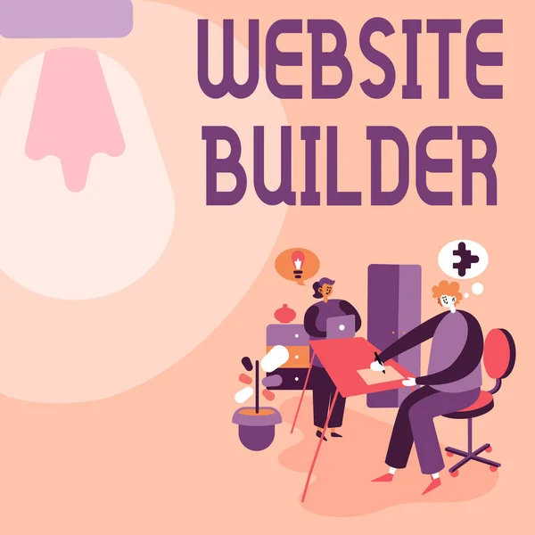 Bildunterschrift: Website Builder. Unternehmensübersicht Website Builder Partner teilen neue Ideen zur Verbesserung der Fähigkeiten Arbeitsstrategien. — Stockfoto