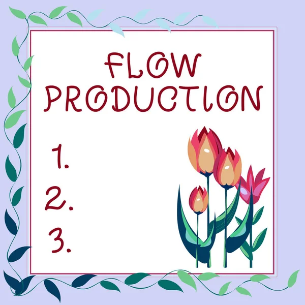 Εγγραφή εμφάνισης παραγωγής ροής κειμένου. Επιχειρηματική επισκόπηση στοιχεία που παράγονται από το ένα βήμα επεξεργασίας στο επόμενο πλαίσιο διακοσμημένο με πολύχρωμα λουλούδια και φυλλώματα Εναρμονισμένα αρμονισμένα. — Φωτογραφία Αρχείου