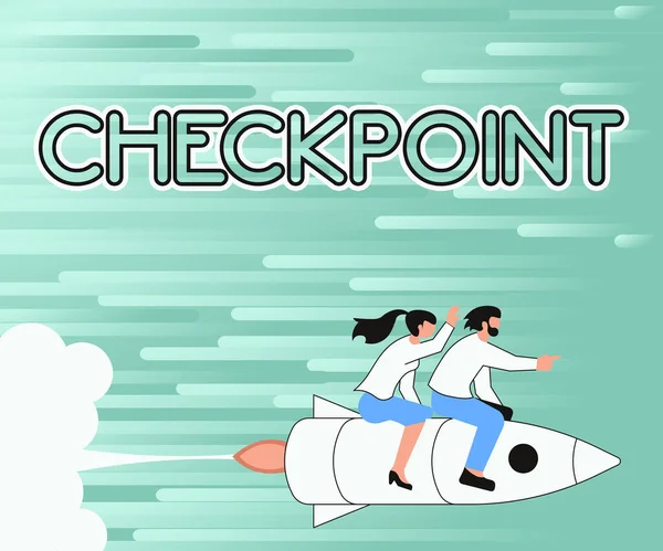Semn text care arată Checkpoint. Idei de afaceri intrare cu echipaj uman, unde călătorii sunt supuși controalelor de securitate Ilustrație a partenerilor fericiți Călărind pe nava rachetă Exploring World. — Fotografie, imagine de stoc