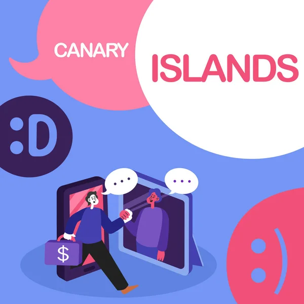 Bildunterschrift: Kanarische Inseln. Auf einer Gruppe bergiger Inseln im Atlantik geschriebenes Wort Zwei Kollegen treffen sich online, um über zukünftige Projektideen zu diskutieren. — Stockfoto
