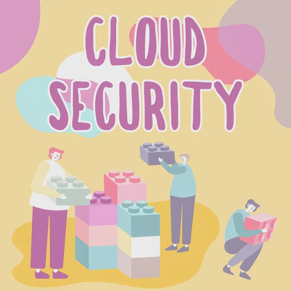 Tekst pisma Cloud Security. Podejście biznesowe Ochrona przechowywanych informacji Bezpieczna technologia kontrolowana Koledzy i Koledzy Wyświetlanie Cube Reprezentowanie pracy zespołowej Dyskusja na temat projektu przyszłości. — Zdjęcie stockowe