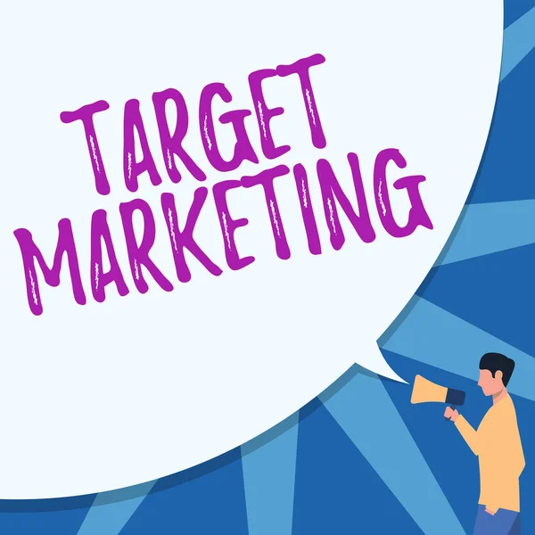 Text sign showing Target Marketing. Conceptual photo Market Segmentation Audience Targeting Customer Selection Man Drawing Hand In Pocket Holding Megaphone With Large Speech Bubble.
