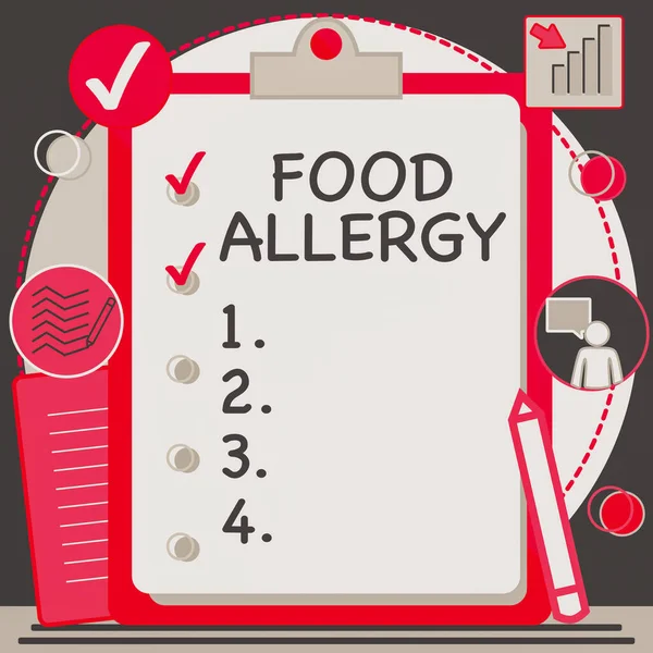 Schriftzug Lebensmittelallergie. Unternehmensübersicht Reaktion des Immunsystems, die nach dem Verzehr eines bestimmten Lebensmittels eintritt Zwischenablage Zeichnung Mit Checkliste markierte erledigte Punkte Auf der Liste. — Stockfoto
