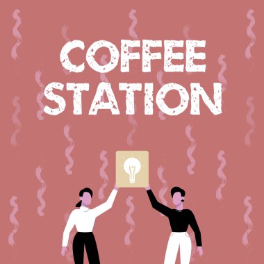 Metin Kahve İstasyonu 'nda sergileniyor. Kavram, sıcak içeceklerin servis edildiği küçük, gayri resmi bir restoran anlamına gelir. Yeni Başarı Sunan İki Meslektaşı Lambası.