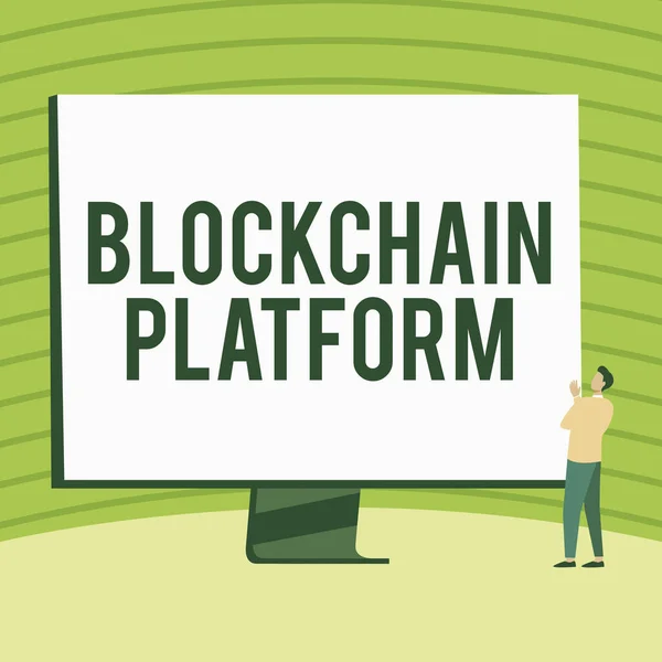 Konzeptionelle Darstellung Blockchain Platform. Konzept bedeutet digitaler Austausch von Kryptowährungen im virtuellen Raum Mann im Stehen Zeichnung Blick auf großes Monitor-Display zeigt Nachrichten. — Stockfoto