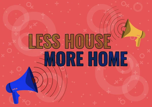 Bildunterschrift: Less House More Home. Word for Have a warm comfort place to live with family love Pair Of Megaphones Drawing Producing Sound Waves Making Ansage. — Stockfoto
