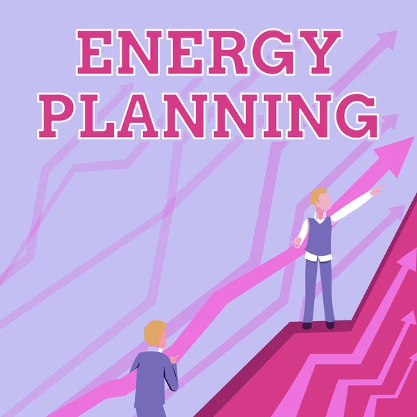 Skylt med energiplanering. Word Skrivet om att göra en strategi och plan för förbrukningen av energi Pilar vägleda två samverkande affärsmän Mot bättre finansieringsplan. — Stockfoto