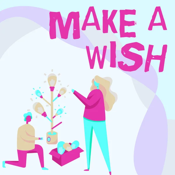 Tekst pokazujący inspirację Make A Wish. Biznes showcase Aby mieć marzenia o przyszłych wydarzeniach Bądź pozytywny Mężczyzna i kobieta Rysunek Stojące kolana Montaż żarówki drzewo. — Zdjęcie stockowe