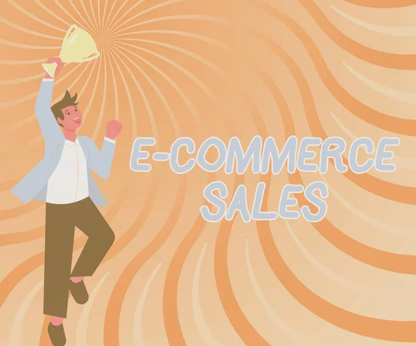 Szöveges megjelenítése E Commerce Sales. Üzleti áttekintő tevékenység termékek online vásárlása vagy értékesítése Úriember ugrás Izgalmasan Holding Trophy Teljesítmények mutatása. — Stock Fotó
