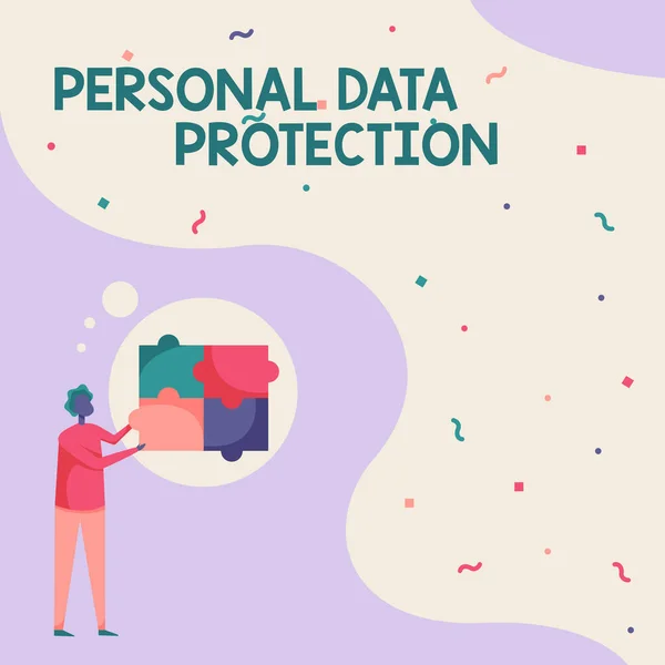 Hand writing sign Personal Data Protection. Business approach protecting and identify personal information for security system Man Drawing Standing Fitting Four Jigsaw Puzzle Pieces. — Stock Photo, Image