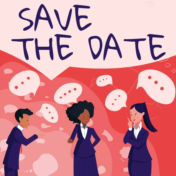 Writing displaying text Save The Date. Business concept Systematized events Scheduled activity Recorded Filed Illustration Of Partners Building New Wonderful Ideas For Skills Improvement. — Stock Photo, Image