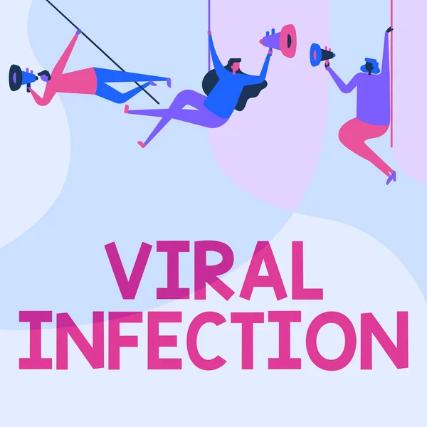 Inspiration visar tecken Virusinfektion. Ord skrivet om Viral Infektion Människor Ritning Hängande På Tak Med Megafoner Att tillkännage. — Stockfoto