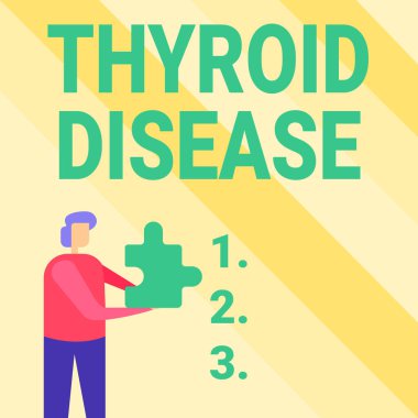 El yazısı Tiroid Hastalığı. İş dünyası, tiroid bezinin yeterli hormon üretememesini inceliyor. İş adamı, yapboz parçasını tutuyor ve yeni gelecekçi teknolojileri açıyor.