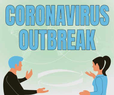 Coronavirüs salgınını gösteren bir mesaj. Yeni keşfedilen COVID19 'un sebep olduğu iş konsepti bulaşıcı hastalıklar. İki takım arkadaşı Yeni Fikirler Dünya Haritası Beyin Fırtınası Yeni Çözümleri Tartışıyor.