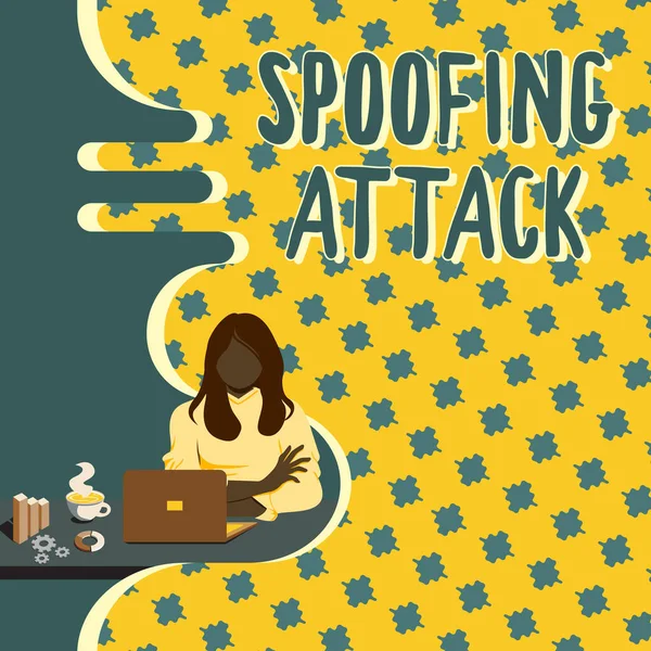 Hand writing sign Spoofing Attack. Conceptual photo impersonation of a user, device or client on the Internet Woman Sitting Using Laptop Online Session Discussing Latest Projects. — Stock Photo, Image