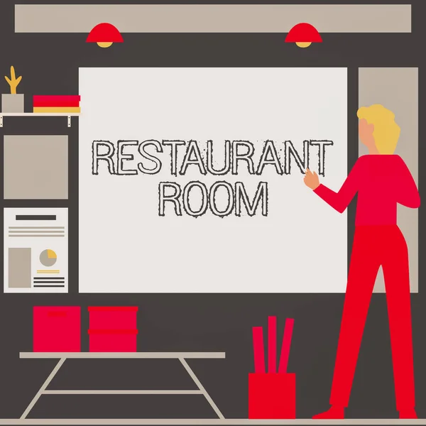 Teken het weergeven van Restaurant Room. Zakelijke aanpak laat zien betalen om te zitten en eten maaltijden die worden gekookt en geserveerd Zakenvrouw Casual Standing Presenteren Charts En Nieuwe Prachtige Ideeën. — Stockfoto