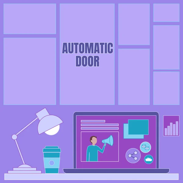Ručně psaná cedule Automatické dveře. Konceptuální fotografie se otevře automaticky při snímání přiblížení osoby notebook na stole vedle hrnku kávy a stolní lampy Zobrazovací pracovní proces. — Stock fotografie
