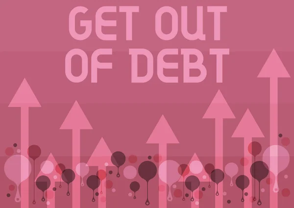 Podpis koncepcyjny "Wyjdź z długów". Koncepcja oznacza brak perspektyw na spłatę długu i uwolnienie się od długów Ilustracja długich strzał płynących płynnie w kierunku Sky High — Zdjęcie stockowe