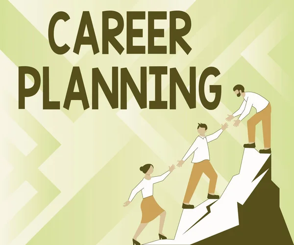 Inspiration showing sign Career Planning. Business approach A list of goals and the actions you can take to achieve them Colleagues Climbing Upwards Mountain Reaching Success Presenting Teamwork. — Stock Photo, Image