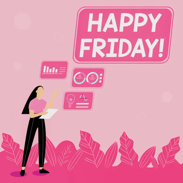 Handwriting text Happy Friday. Business showcase Wishing you have a good start for the weekend Illustration Of Girl Sharing Ideas For Skill Discussing Work Strategies. — Stock Photo, Image