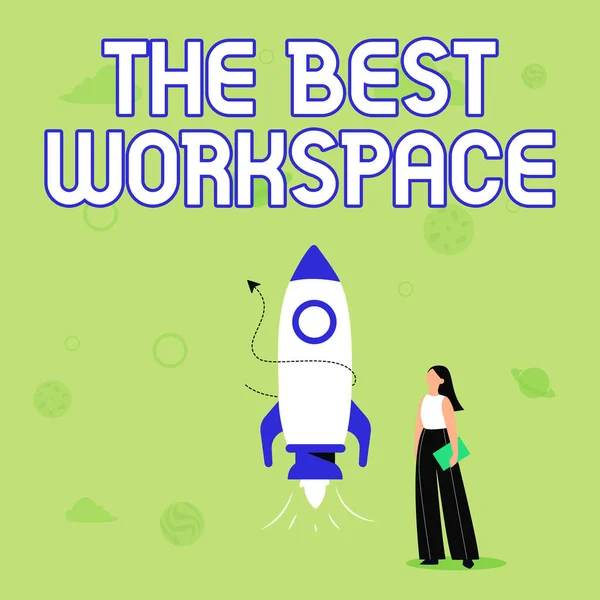 Teken het weergeven van de beste werkruimte. Internet Concept ruimte om te werken met internet en goede tools Illustratie van Casual Girl Standing Beside Rocket Ship Ready To Launch — Stockfoto