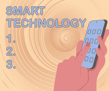 El yazısı işareti Smart Technology. Bilgisayarda veya çipte bulunan iş konsepti aygıtları veya aygıtları Eller Tutma Teknolojik Aygıt Basma Uygulama Düğmesi.