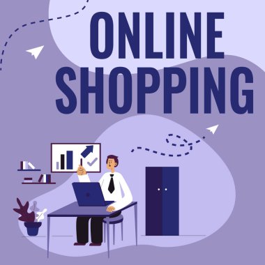 Çevrimiçi Alışveriş 'i gösteren metin işareti. İş konsepti, tüketicilerin mallarını Masada oturan ve yeni teknolojiler sunan İnternet Adam üzerinden satın almalarına olanak sağlıyor..