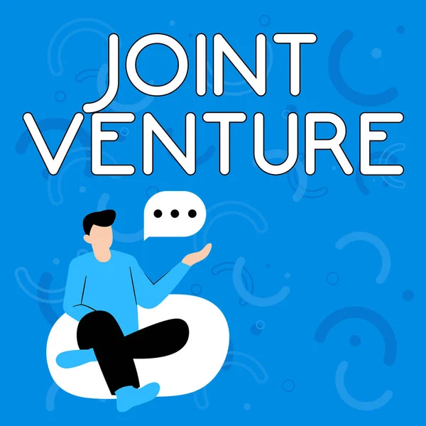 Conceptual caption Joint Venture. Obchodní přístup Nová firma vznikla za účelem dosažení přesných cílů partnerství Ilustrace podnikatele sedícího na měkké pohovce židle mluvení. — Stock fotografie