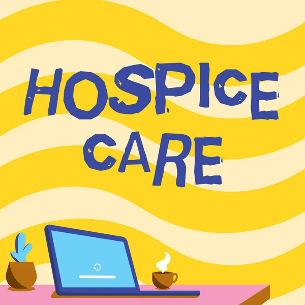 Handwriting text Hospice Care. Conceptual photo focuses on the palliation of a chronically ill patients Office Desk Drawing With Laptop Pen Holder And An Open And Arranged — Stock Photo, Image