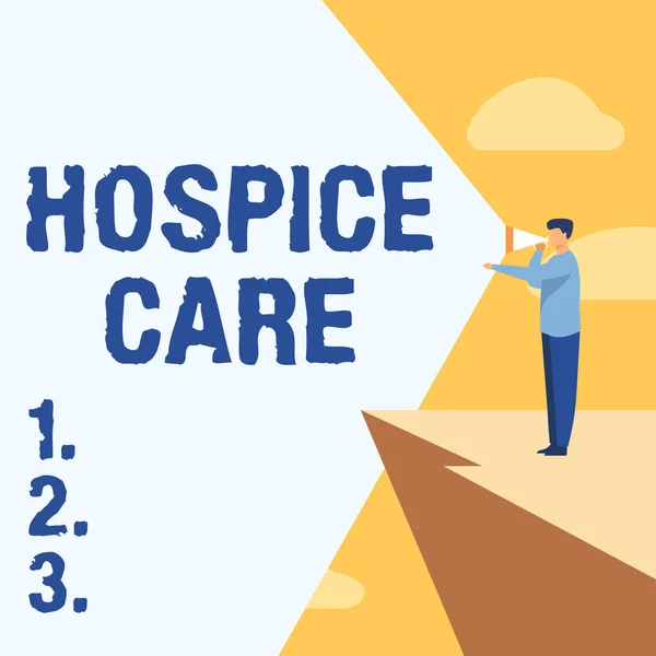 Conceptuele bijschrift Hospice Care. Conceptuele foto richt zich op de palliatie van chronisch zieke patiënten Zakenman Drawing Standing In Cliff Met behulp van Megaphone Making Announcement. — Stockfoto