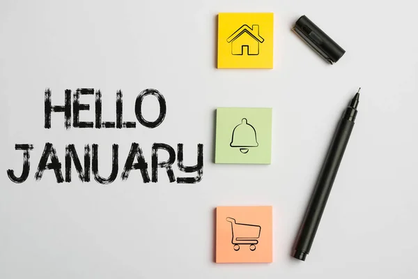 Schild mit der Aufschrift Hallo Januar. Konzept, das einen Gruß oder ein herzliches Willkommen im ersten Monat des Jahres bedeutet — Stockfoto