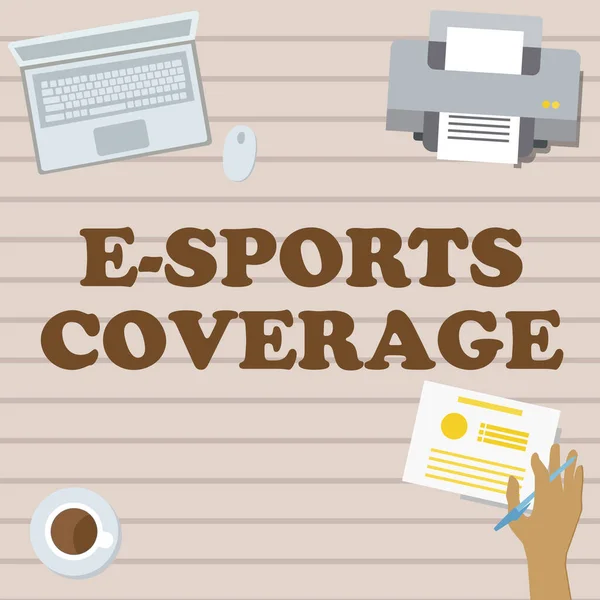 Kézírás E Sports Coverage. Word Written on Reporting élőben a legújabb sportverseny Broadcasting Hand Holding Pen Létrehozása tervek az új csodálatos ötletek — Stock Fotó