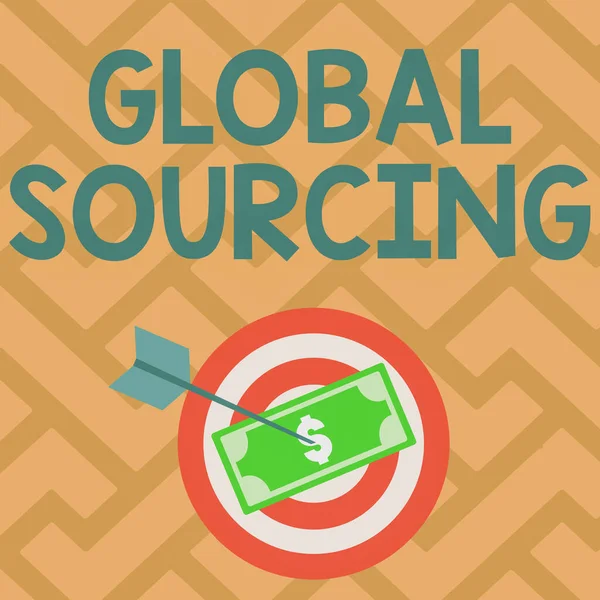 Handschrift tekst Global Sourcing. Business showcase praktijk van sourcing van de wereldwijde markt voor goederen Valuta vastgepind door middel van Target By Arrow Beschrijvende financiële planning. — Stockfoto