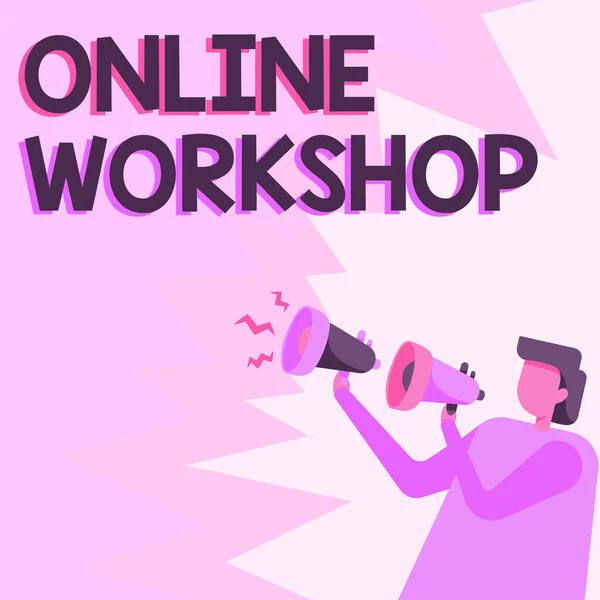 Υπογραφή κειμένου που εμφανίζει το Online Workshop. Word for shows of goods and commodities over the electronic websites Επιχειρηματίας Σχέδιο Κρατώντας Ζεύγος Μεγαφώνων Κάνοντας Νέα Ανακοίνωση. — Φωτογραφία Αρχείου