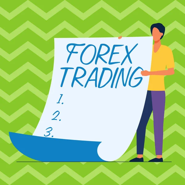 Tekstbord met Forex Trading. Woord Geschreven op uitwisseling van valuta tussen twee of meer landen Man Staande Holding Grote Blanco Papier Toont nieuwe betekenis en boodschap. — Stockfoto