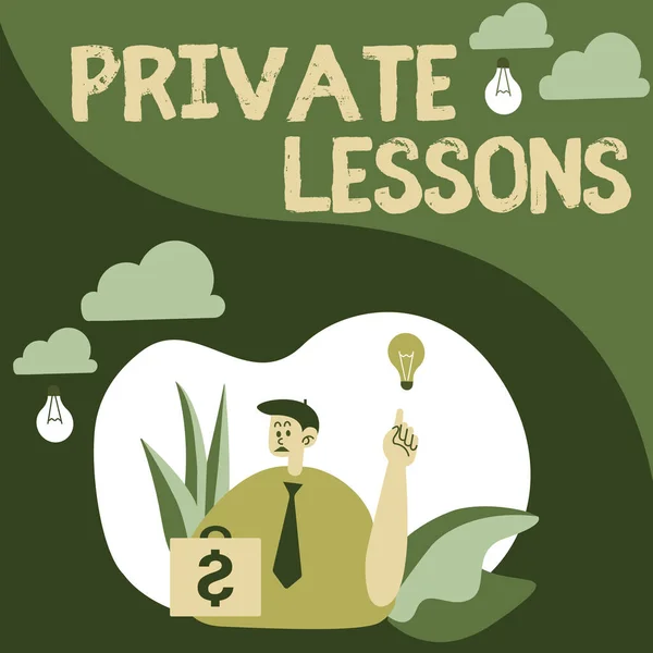 Bildunterschrift: Private Lektionen. Konzept bedeutet Unterricht, der normalerweise privat von kleinen Gruppen bezahlt wird. Man sitzt im Park und bläst Luftballons, die an neue Gedanken mit Ideenlampe denken.. — Stockfoto