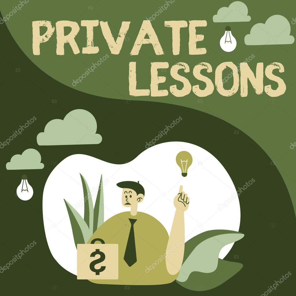 Text caption presenting Private Lessons. Concept meaning teaching which is usually paid privately by small groups Man Sitting In Park Blowing Balloons Thinking Of New Thoughts With Idea Lamp.
