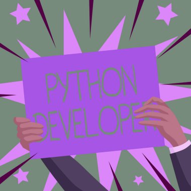 Python Geliştirici işareti gösteren bir ilham kaynağı. Sunucu tarafındaki web uygulaması mantığının yazılmasından sorumlu iş yaklaşımı Yeni Fikirlerin Yıldızlarla çevrili olduğunu gösteren El Tutma Kağıdı.