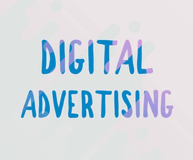 Kavramsal başlık Dijital Reklamcılık. İş dünyasının internet teknolojilerini çeşitli şekil ve renklere sahip Çizgi Resmedilmiş Arkaplanları tanıtmak için kullandığı kavram.