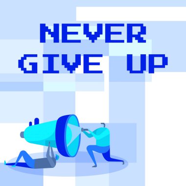 Metin gösterimi yazılıyor Asla Pes Etme. İş yaklaşımınız başarılı olana kadar denemeye devam edin. Hayallerinizin peşinden gidin. İşçiler, El feneriyle Megafonu onarmaya Yardım Ediyor..