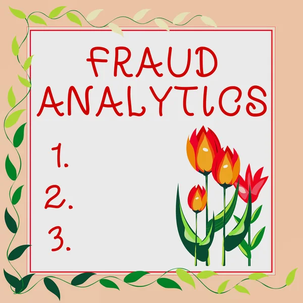 Handschrift tekst Fraud Analytics. Woord Geschreven op identificatie van de werkelijke of verwachte fraude plaats te vinden Frame versierd met kleurrijke bloemen en gebladerte Harmoniously geregeld. — Stockfoto