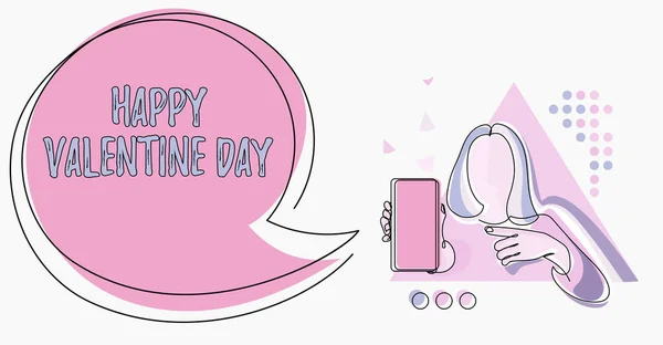 Writing displaying text Happy Valentine Day. Business showcase a special day for lovers to express their affection to themselves Line Drawing For Lady Holding Phone Presenting New Ideas With Speech — Stock Photo, Image