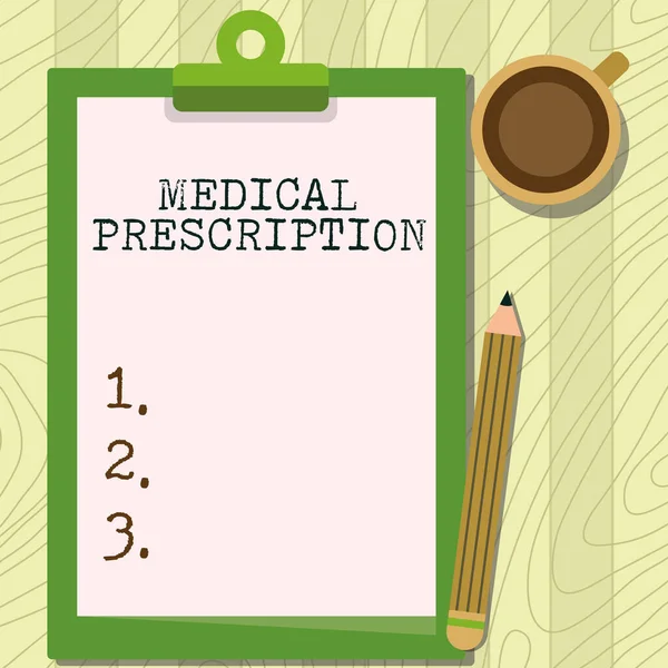 徴候を示すインスピレーション医療規定。誰かが必要とする薬や薬のビジネスアプローチの詳細クリップボードとコーヒーマグカップの横にあるテーブルの上に鉛筆のイラスト. — ストック写真